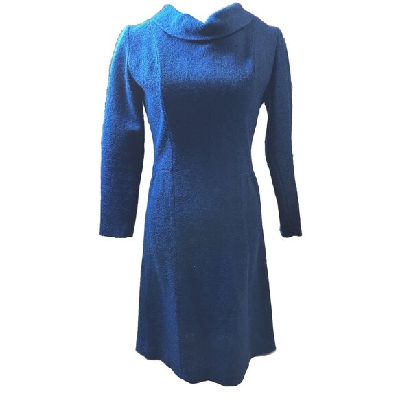 Dress Blue Midi Sheath Fitted Knit Cowl Long Sleeve Theatre Actress Doris Day - Picture 6 of 14